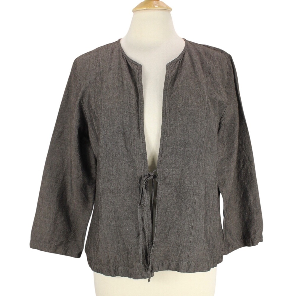 Eileen Fisher Lagenlook Jacket size L Brown Linen Blend Tie Front‎ Lightweight